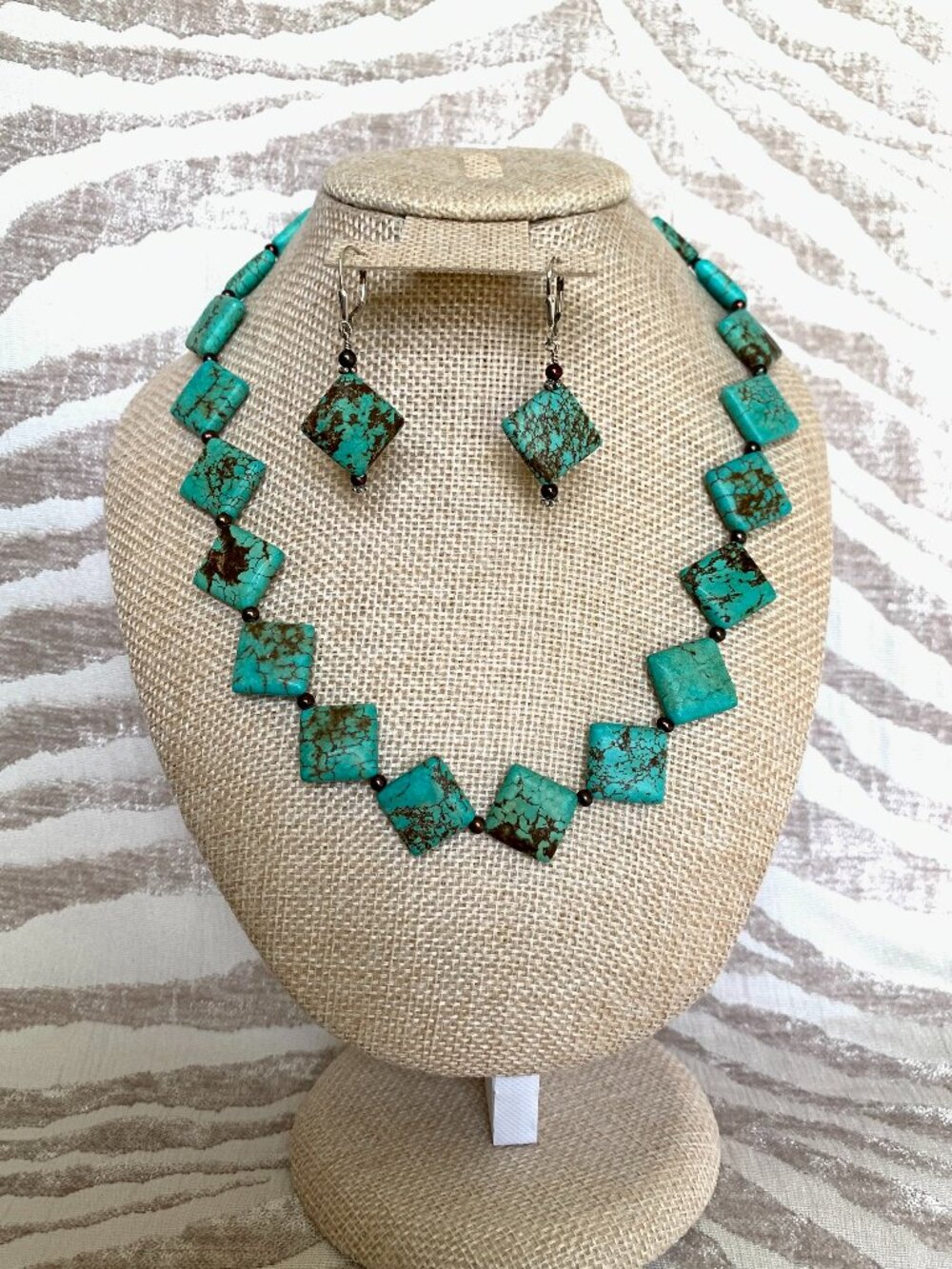 Vintage Marbled Turquoise Rhomboid Statement Necklace & Earring Set